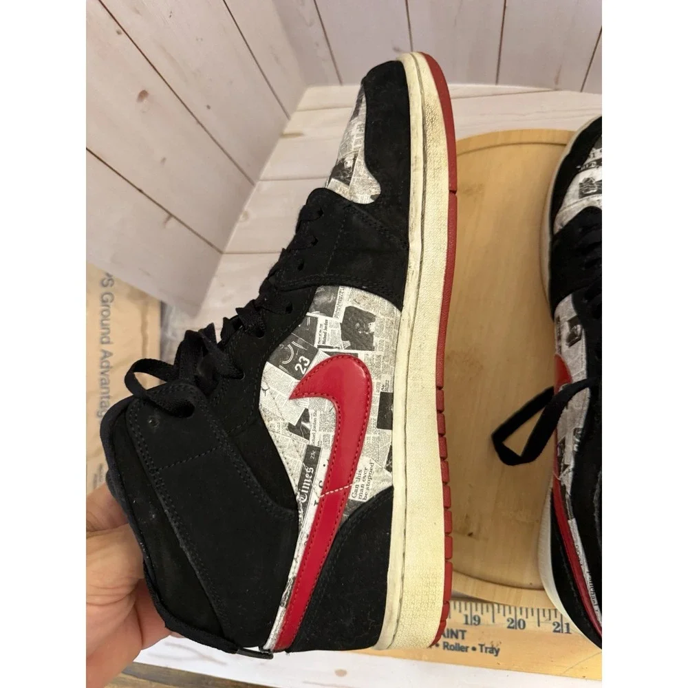 Jordan 1 Mid SE Air Times Newspaper Print Black Red White Sneakers Size 11